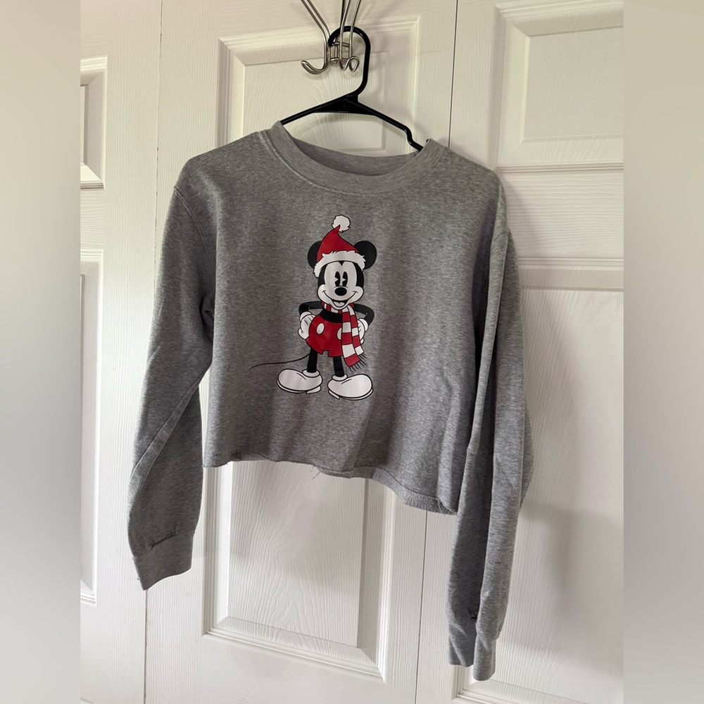 Disney Gray Crop Sweatshirt with Mickey Holiday Graphic